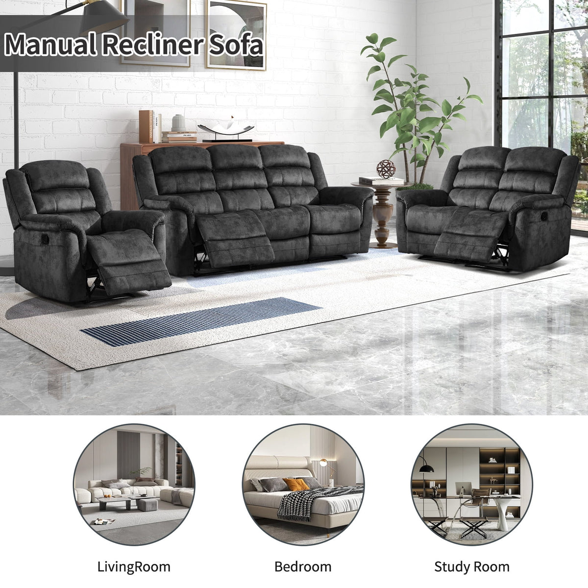  3-Piece Fabric Manual Recliner Sofa Set, Single Chair, Loveseat & 3-Seat Couch for Living Room Furniture
