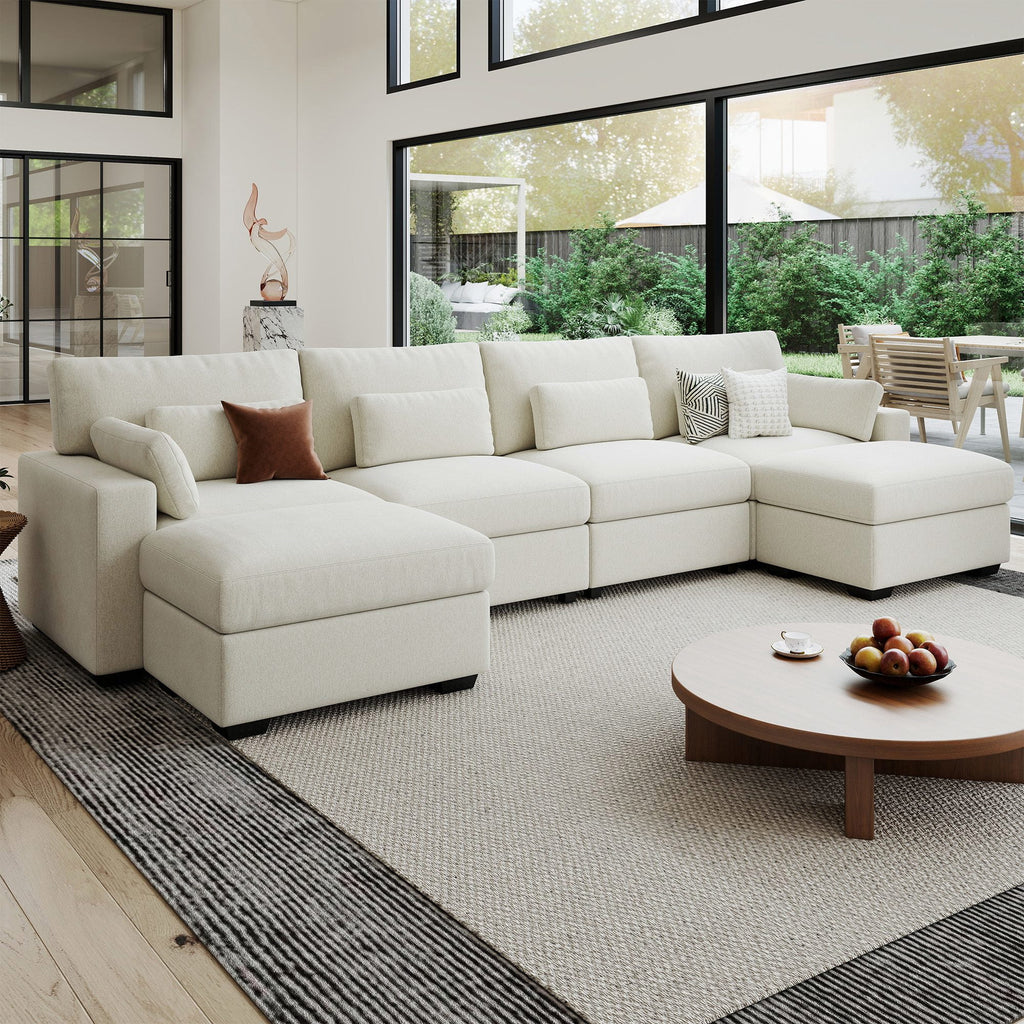 Hombryzy 146" Modular Sectional Sofa with Movable Ottoman, U-Shaped Deep Seat Cloud Couch for the Living Room, 6-Seat, Beige