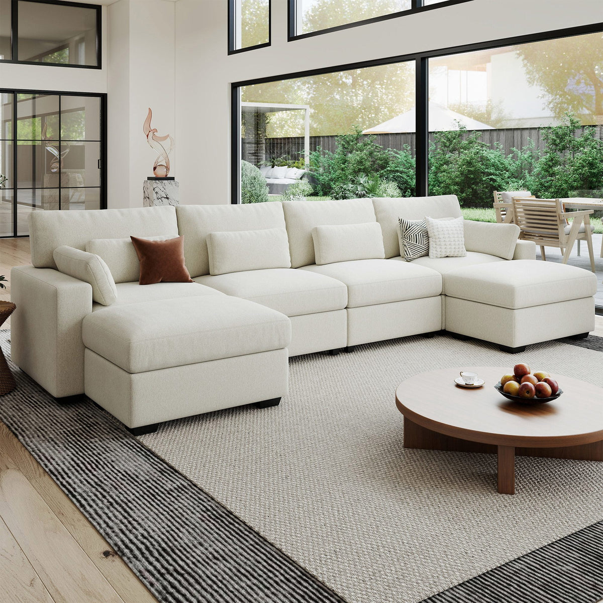 Hombryzy 146" Modular Sectional Sofa with Movable Ottoman, U-Shaped Deep Seat Cloud Couch for the Living Room, 6-Seat, Beige