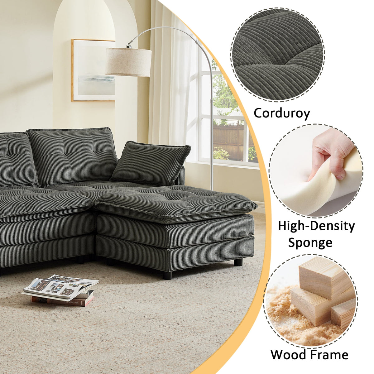 Anpport 119" L-Shaped Modular Sectional Sofa with Removable Ottoman for Living Room, Corduroy, Dark Gray