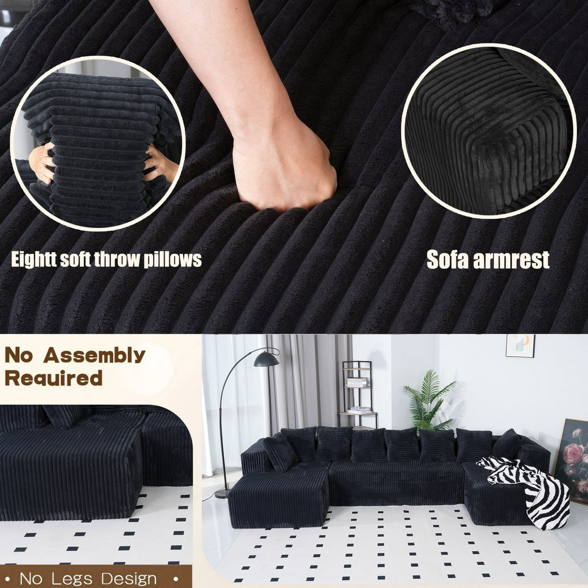  130" Black Sectional Modular Couch, U-Shaped Sofa with Chaise Lounge, Striped Corduroy Upholstered 4-Seater Sofa with Pillow Back and Square Arms