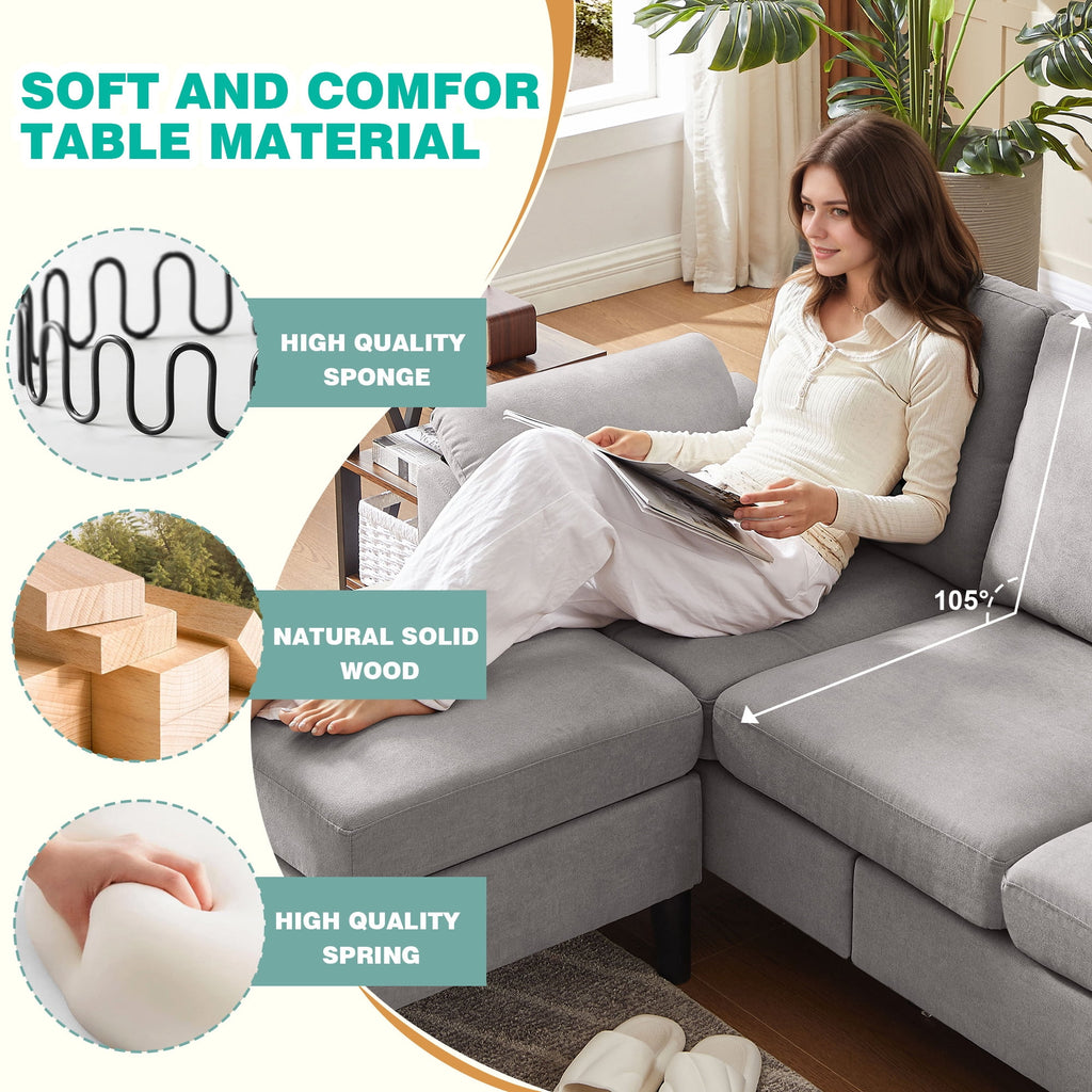  Chireca 4 Piece Convertible Sectional Sofa Set, Modern Linen Small L Shaped Couch with Reversible Chaise, 3-Seater Sofa & Loveseat & Armchair for Living Room, Office, Apartment, Lightgrey