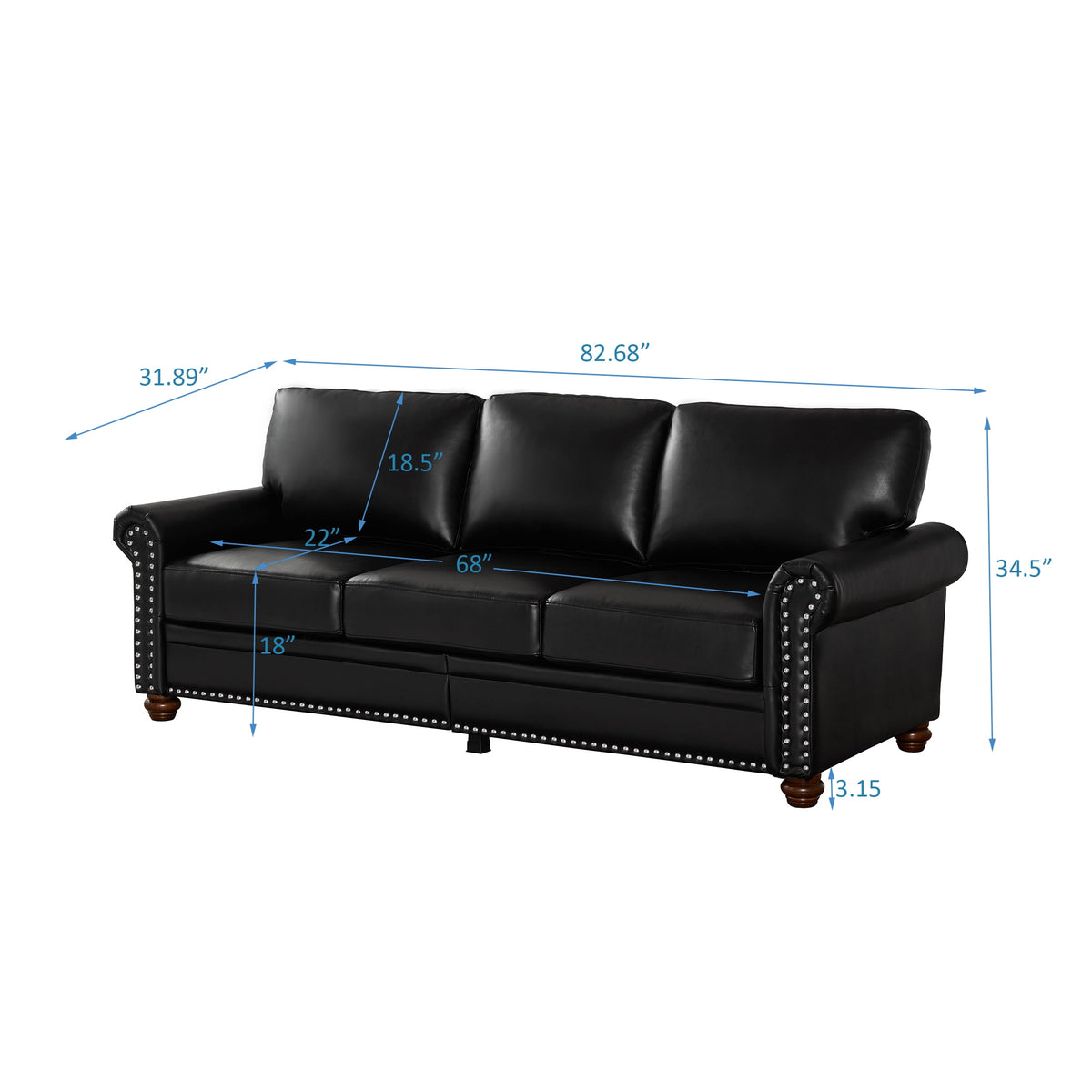 Classic Faux Leather Sofa, 3 Seaters Upholstered Couch with Nailhead Trim and Removable Cushions for Living Room Office Apartment