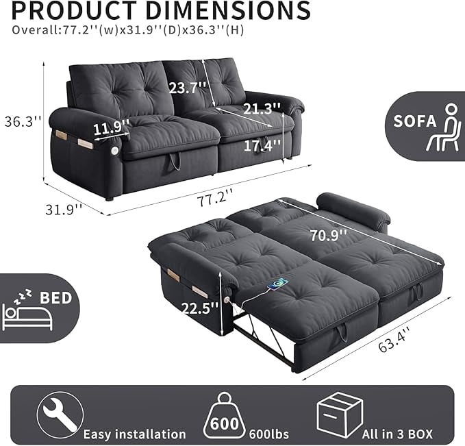 3-in-1 Convertible Sofa Bed, 77" Queen Size Loveseat Sleeper with Pull Out Bed,USB and Side Storage Pockets,Modern 2 Seater Small Couch for Apartment Living Room, Velvet Fabric,RV-Friendly,Dark Gray