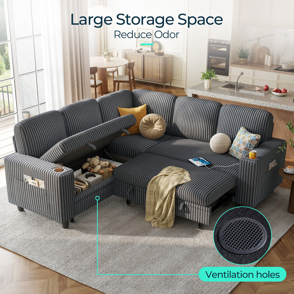  L Shaped Sectional Couches for Living Room, Sleeper Sofa Bed with Storage Seat, Pull Out Couch Bed with Cup Holder, Dark Gray