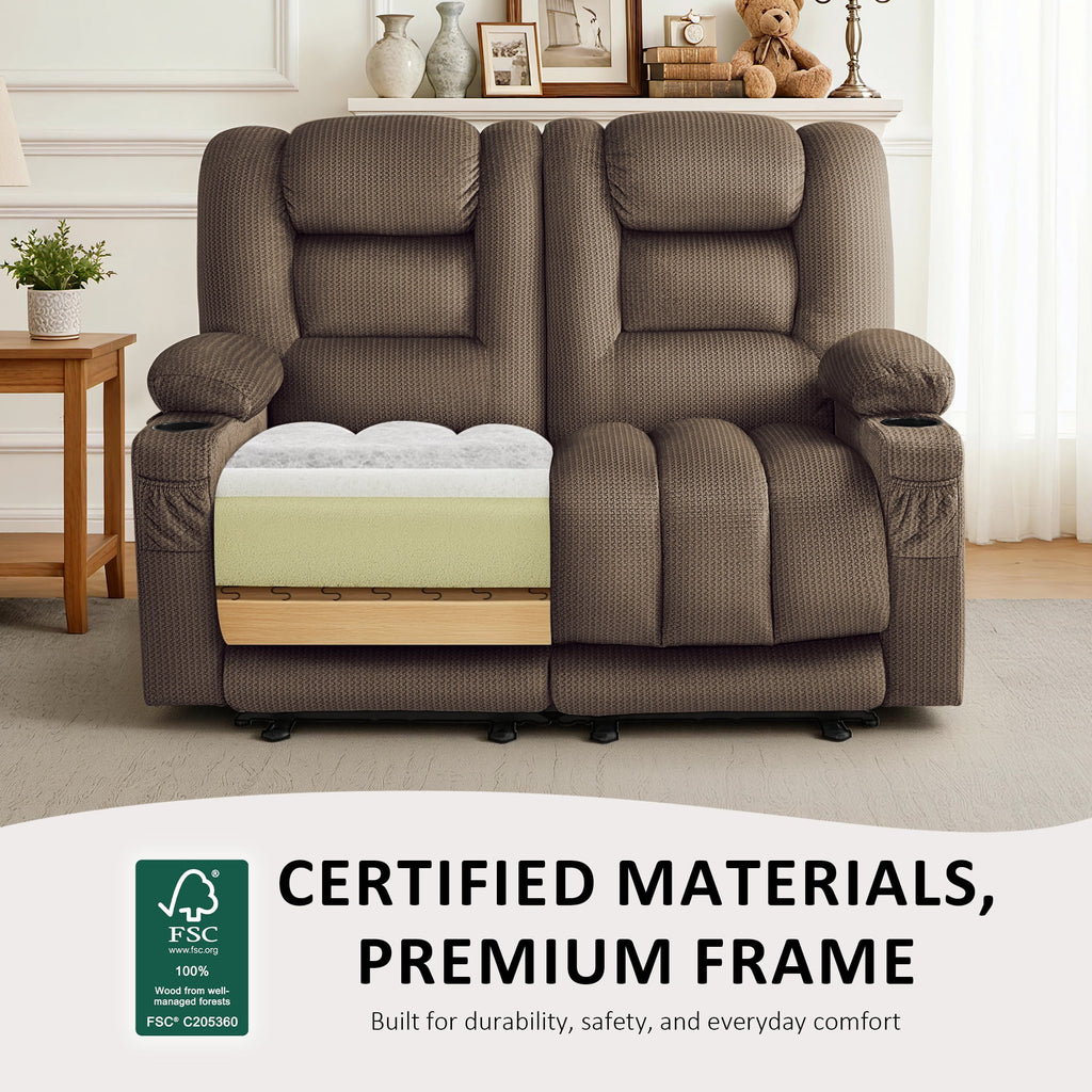 MCombo 55.9" Power Loveseat Recliner Sofa with Heat and Massage for Living Room, Fabric(Dark Brown)