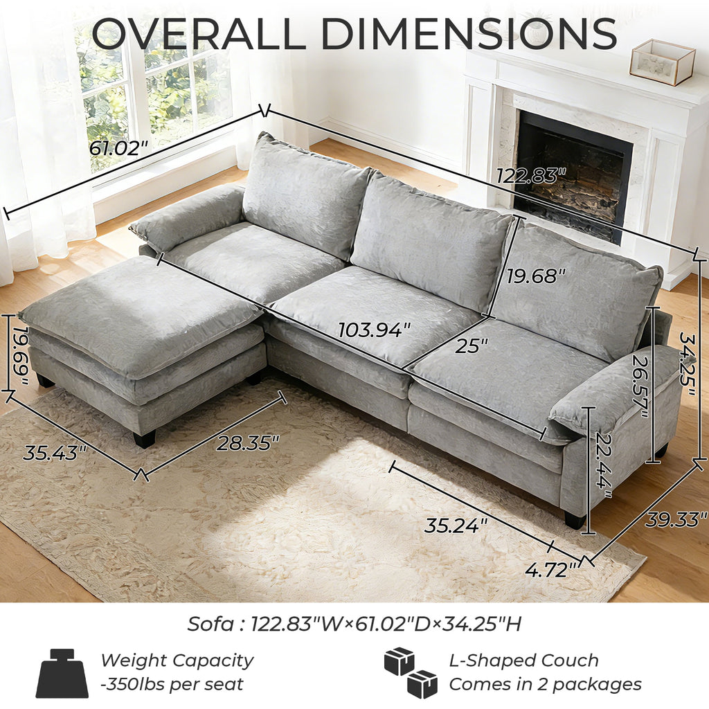  122" W L Shaped Sectional Sofa, Modern Chenille Deep Seat Cloud Couch with Movable Chaise, Plush Living Room Couches for Apartment, 3-Seater Light Gray