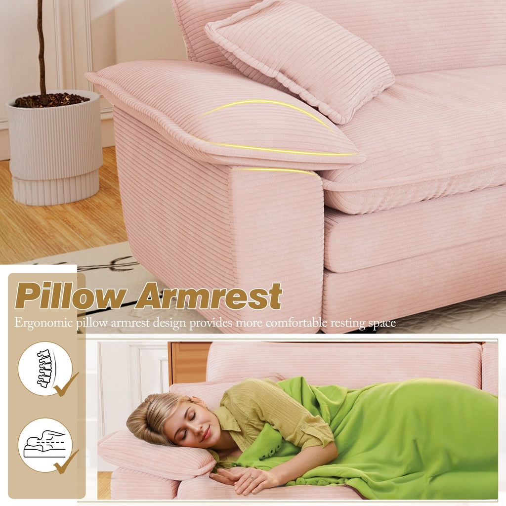 Muumblus Comfy Modular Sectional Sofa with 2 Ottoman, Deep Seat 80.5" Modern Oversized Corduroy Cloud Couch, Fluffy Deep Seat Chaise Lounge Sleeper Sofa for Living Room Apartment, Pink