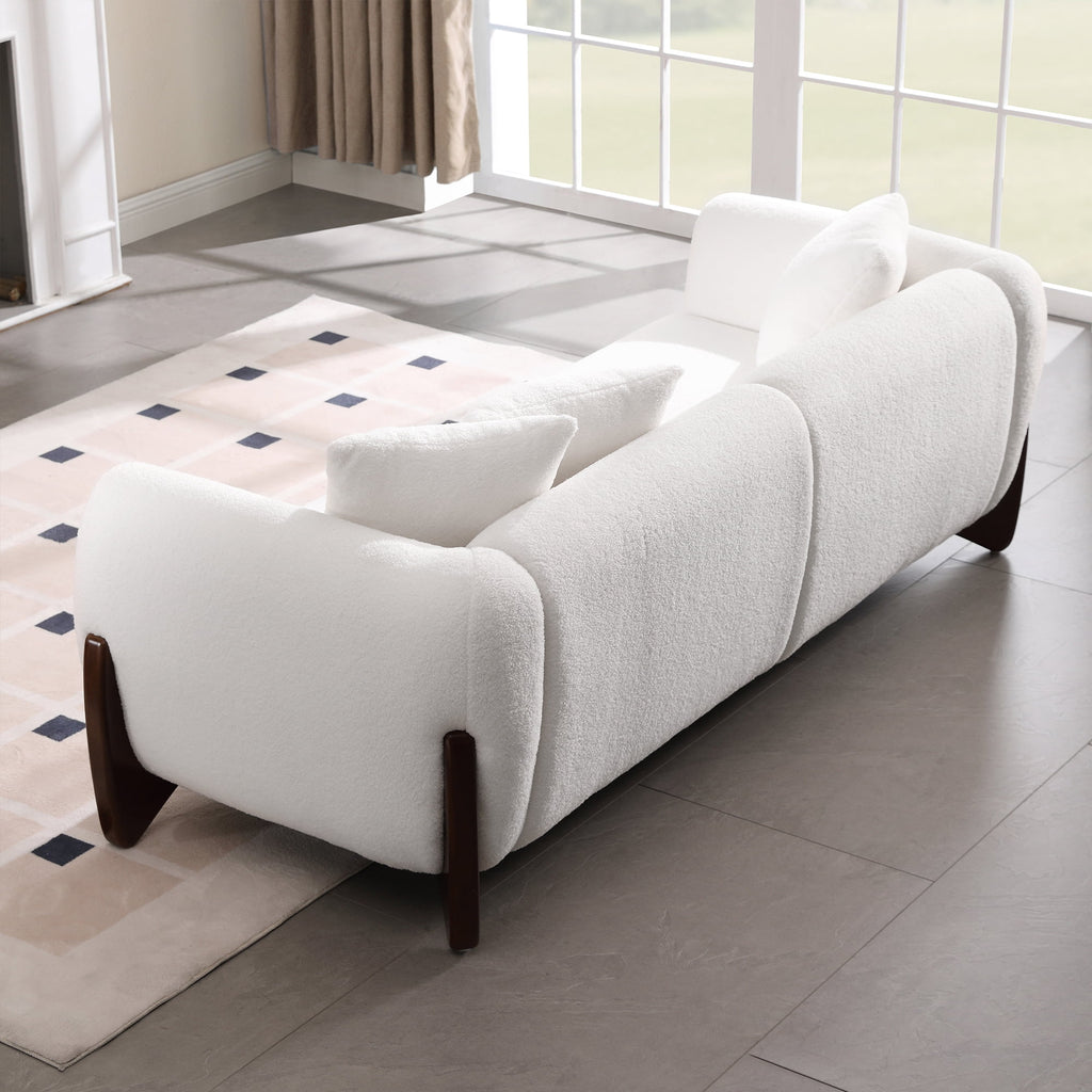 Morden Fort 87" W Cloud White Sofa Boucle Sherpa Couch, Upholstered Comfy Couch with Crescent Wood Legs and 3 Matching Pillows