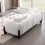 Morden Fort 87" W Cloud White Sofa Boucle Sherpa Couch, Upholstered Comfy Couch with Crescent Wood Legs and 3 Matching Pillows