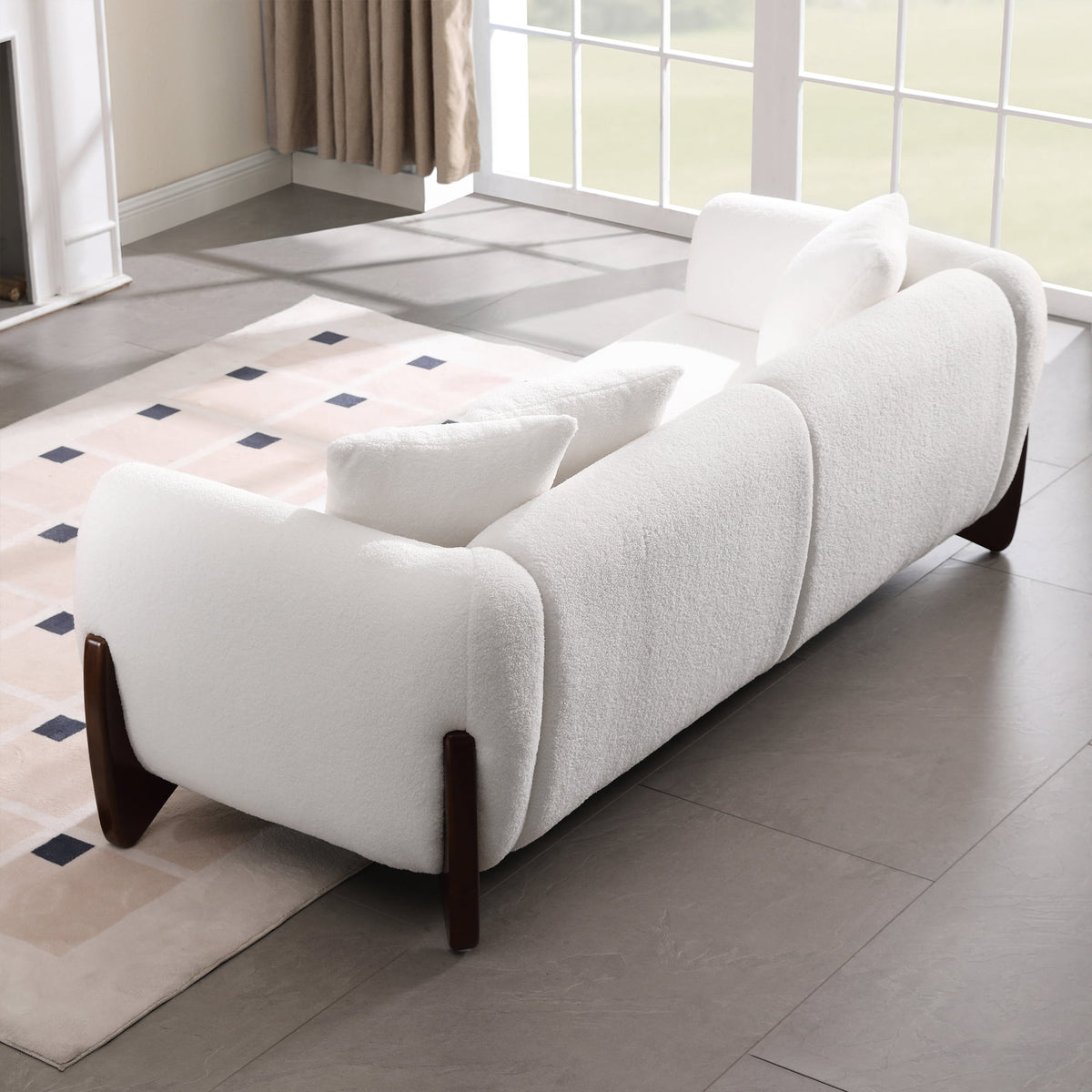 Morden Fort 87" W Cloud White Sofa Boucle Sherpa Couch, Upholstered Comfy Couch with Crescent Wood Legs and 3 Matching Pillows