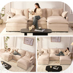  3-Seat Sectional Sofa Couch, Cloud-Style Deep Seating Sleeper Sofa with Included Throw Pillows, Linen Upholstery, Modern Living Room Sofa, Cream White