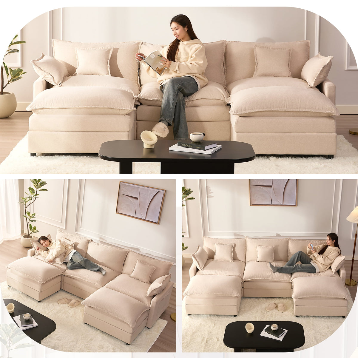  3-Seat Sectional Sofa Couch, Cloud-Style Deep Seating Sleeper Sofa with Included Throw Pillows, Linen Upholstery, Modern Living Room Sofa, Cream White