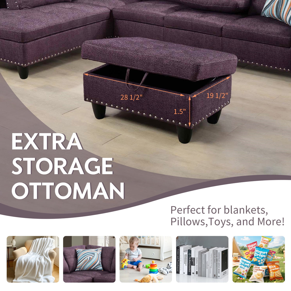  3 Piece Sectional Sofa, Living Room Couch with Storage Ottoman&Cup Holder, Linen, Left Hand, Purple