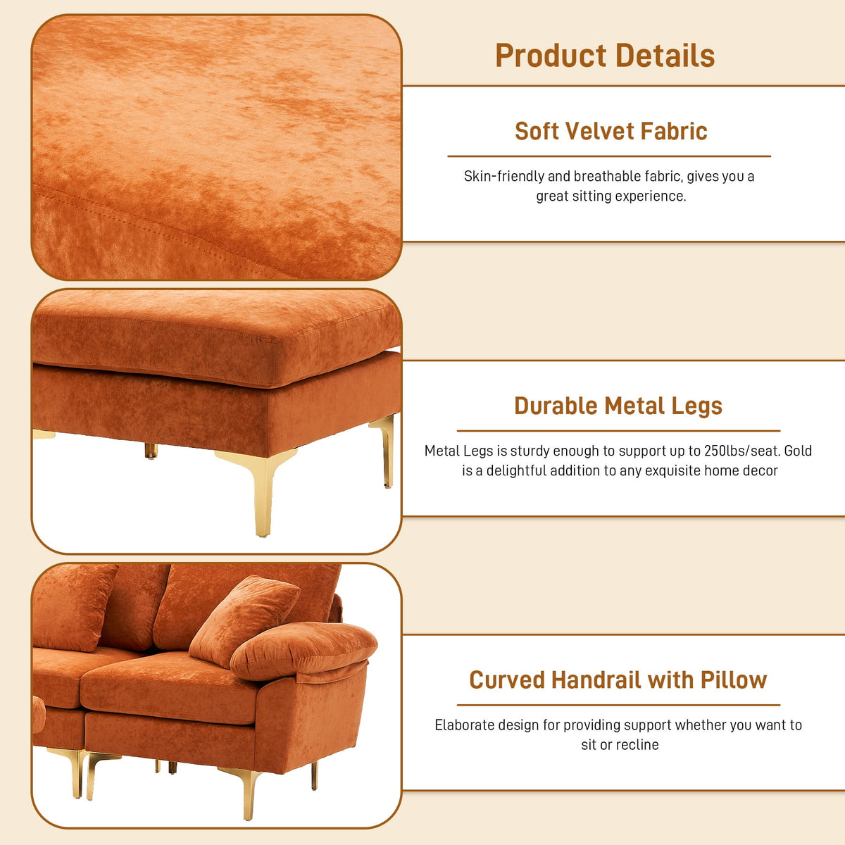 Wiilayok U Shaped Sectional Sofa,Velvet Modular 4 Seat Sofa Couch,114 inch L-Shaped Couch Set with Chaise Lounge, Ottoman& Pillows for Living Room,Orange