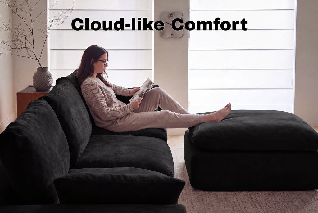 108" Modern Cloud Couch, Plush L Shaped Sectional Couch with Ottoman, Comfy Boneless Couch Modular Sofa, High-Density Memory Foam Deep Seat, No Assembly Required, Pet-Friendly, Black