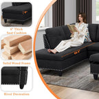  L Shaped Sectional Sofa, 4 Seater Couch with Chaise Lounge, Storage Ottoman, Cup Holders and Pillows, Modern Linen Fabric Couch for Living Room,Charcoal Gray