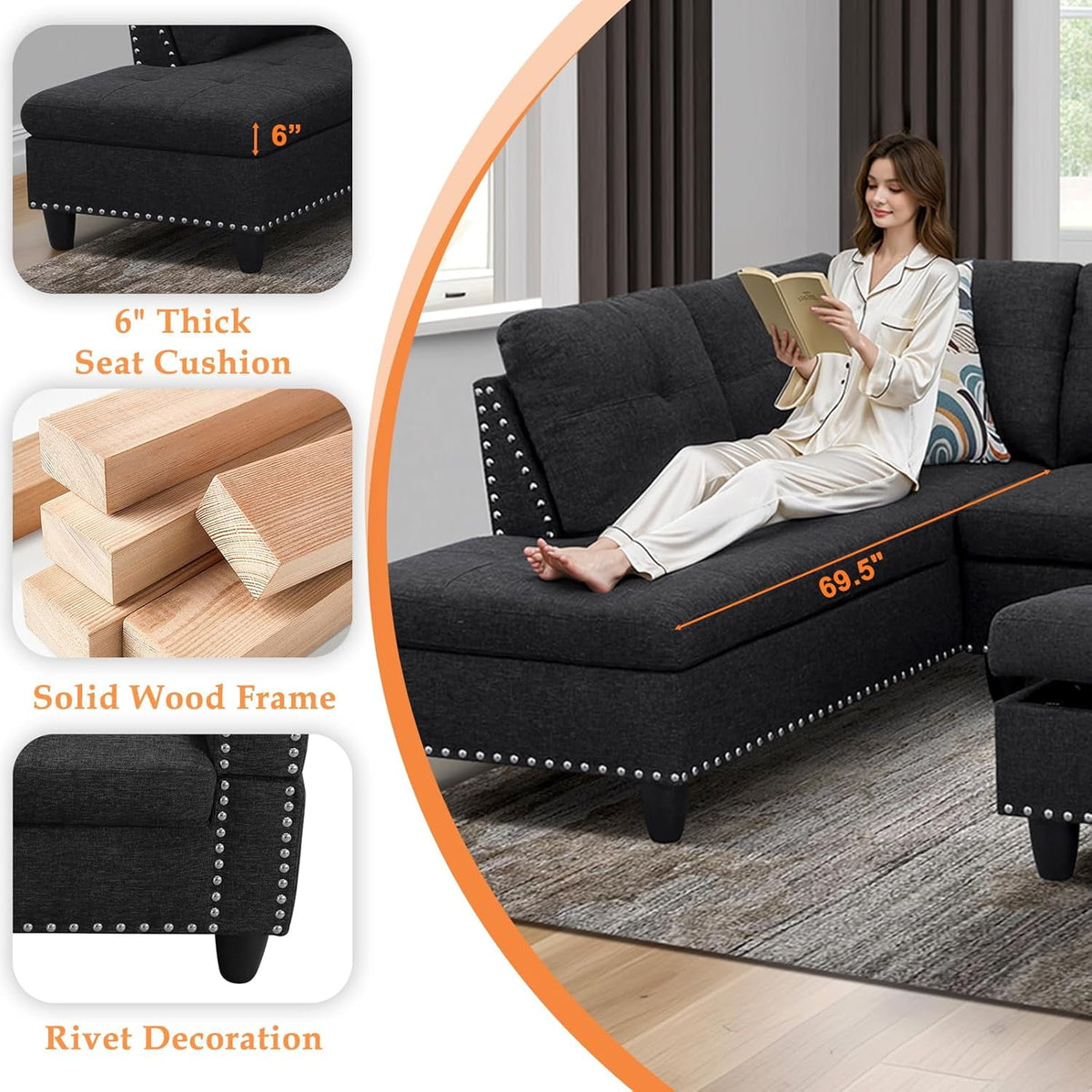  L Shaped Sectional Sofa, 4 Seater Couch with Chaise Lounge, Storage Ottoman, Cup Holders and Pillows, Modern Linen Fabric Couch for Living Room,Charcoal Gray