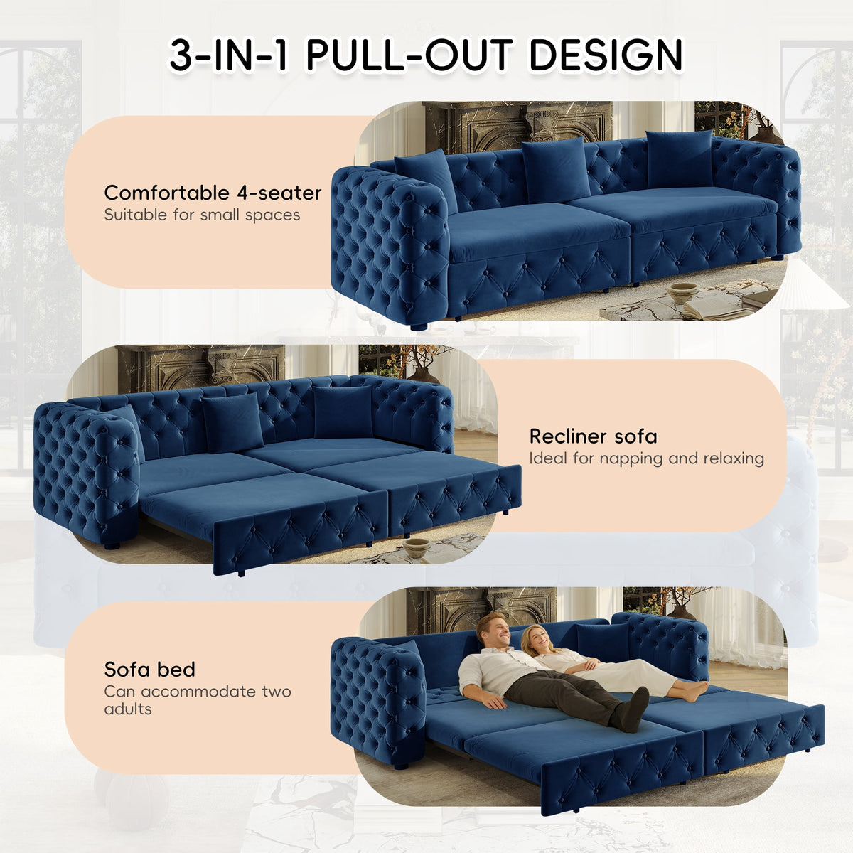  Pull Out Sofa Bed King Size, 89" Chesterfield Sofa Couch Convertible Sofa Bed, Velvet Loveseat Sofa with Tufted Design for Living Room Blue