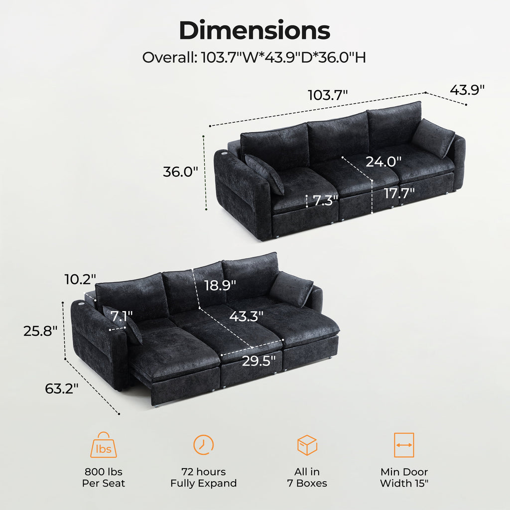 CHIC HOUSE 104" Electric Extendable Sofa Bed with Triple Motor, Convertible Smart Power Reclining Sleeper Sofa Deep Seat 3-Seat Couch with Solid Wood Frame in Velvet, Black