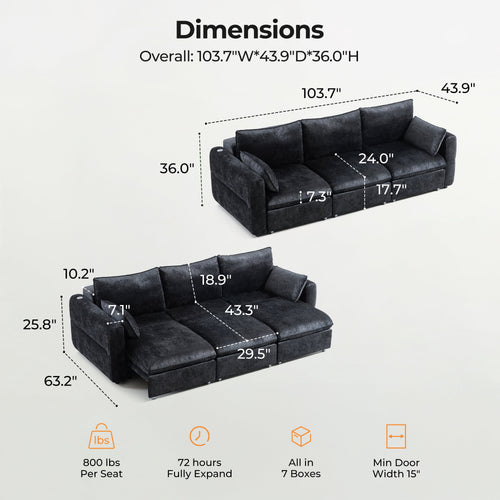 CHIC HOUSE 104" Electric Extendable Sofa Bed with Triple Motor, Convertible Smart Power Reclining Sleeper Sofa Deep Seat 3-Seat Couch with Solid Wood Frame in Velvet, Black