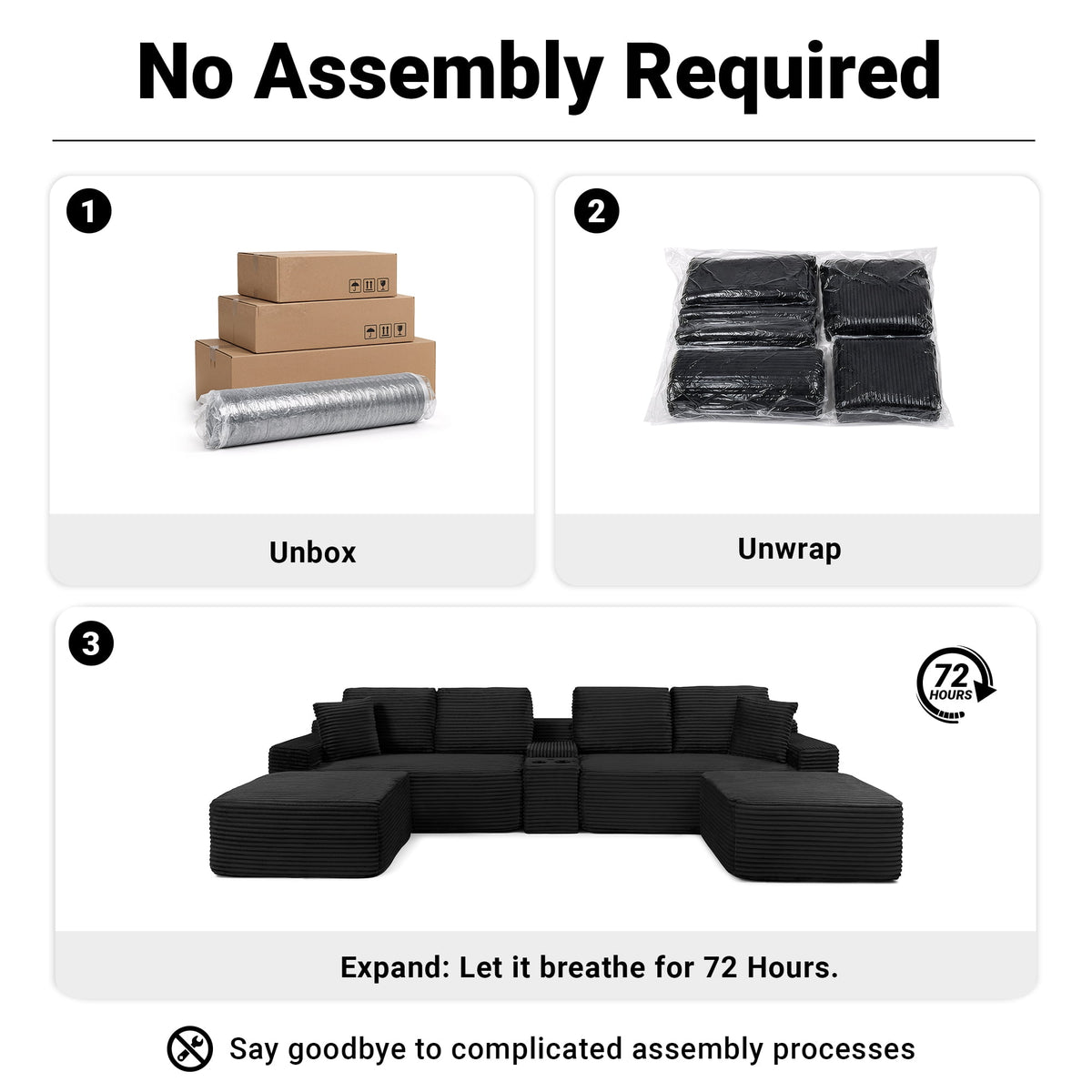 150" Modular Sectional Sofa Couch for Living Room, Corduroy Boneless Sofas, Oversized Modern Cloud Couch, U Shape Couches Deep Seat with USB Ports and Cup Holders, Black