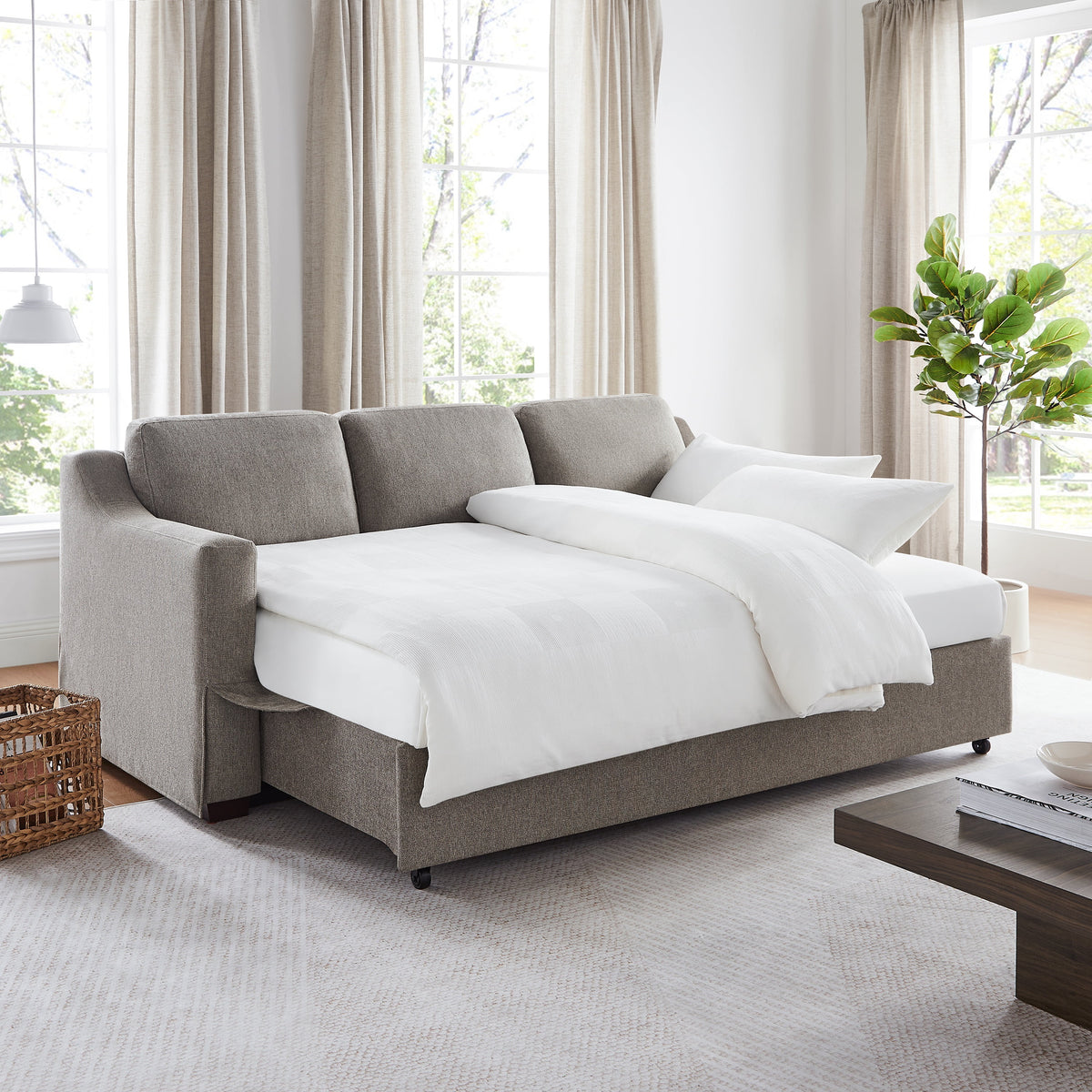Serta Hanson Modern Farmhouse Convertible Sofa with Queen Size Sleeper, Flax Fabric