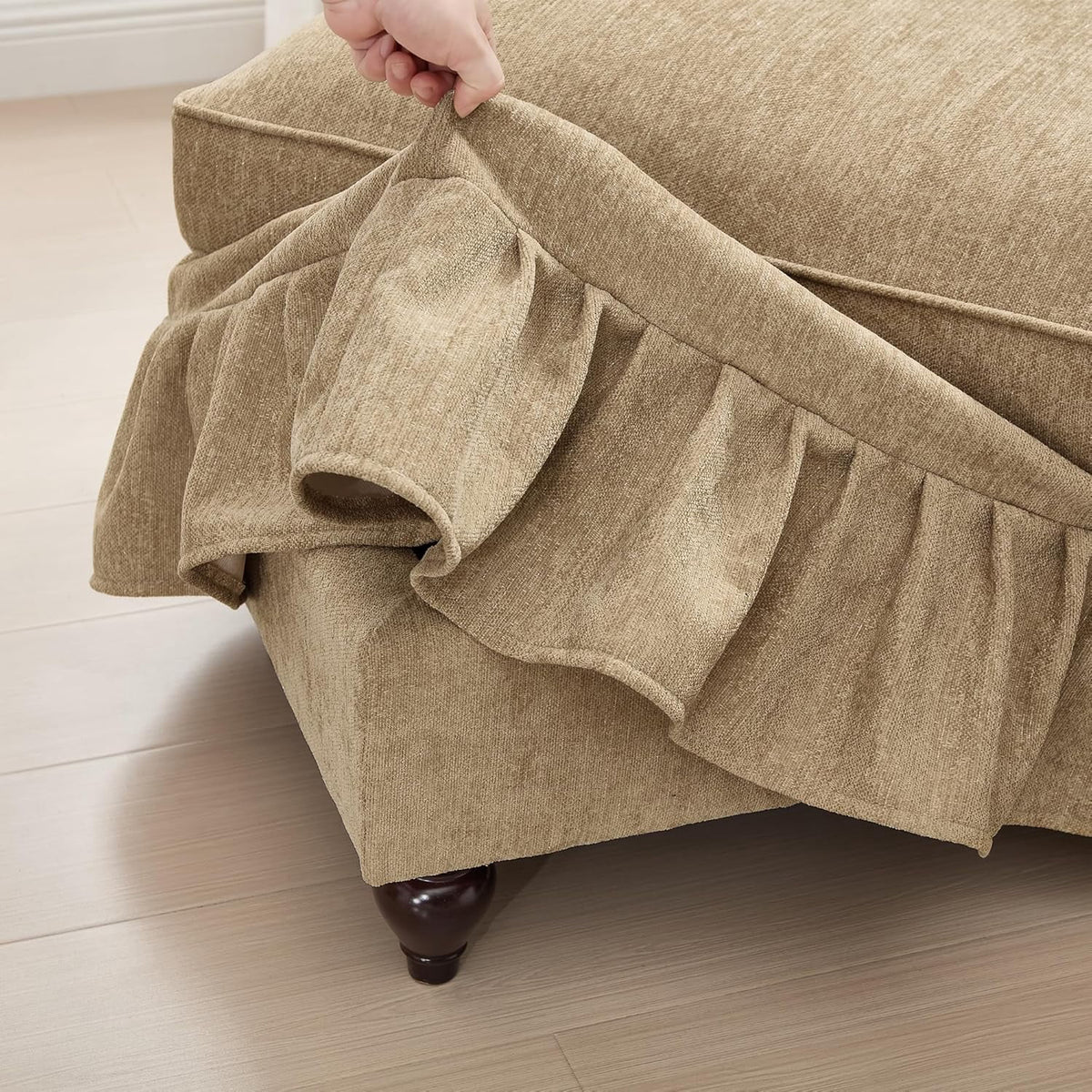 Modular L Shaped Sectional Couch with Ottoman, Chaise Lounge Sofa with Removable Ruffles Pleats Skirts, 3-Seat Deep Seat Sofa for Living Room, Light Coffee