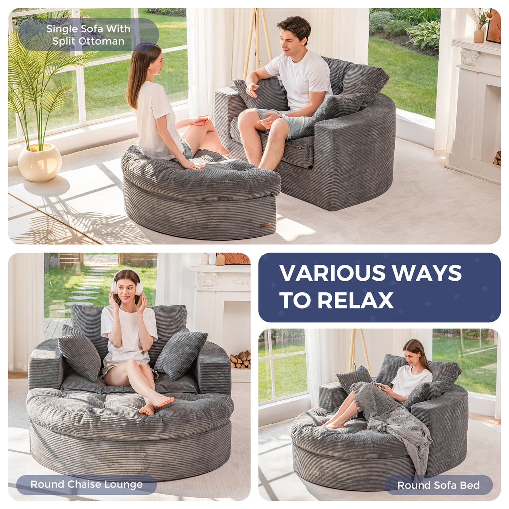 BYBYME Sofa Couch and Round Chaise Lounge,L Shaped Cloud-Plush Corduroy Boneless Floor Sofa Bed,Tufted Upholstered Sleeper Chair for Living Room,Dark Grey