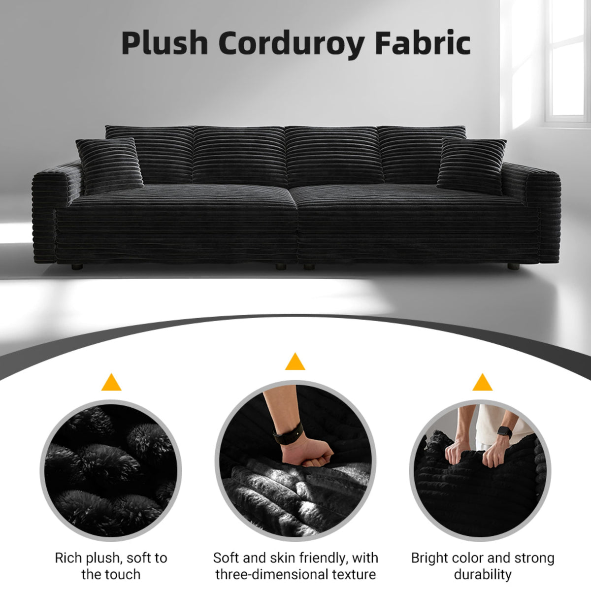 Alvantor 4-Seat Sofa with Movable Ottomans 102" W Corduroy Upholstered Deep Seat Couches L Shaped Convertible Chaise for Living Room, Apartment Black