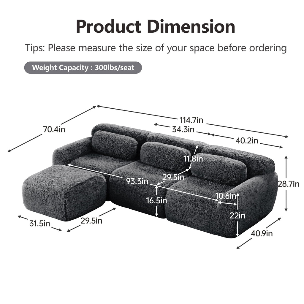 Homefun 114" L-Shaped Plush Sectional Sofa with Movable Ottoman No Assembly 32D Sponge Anti-Slip Bottom,Dark Grey