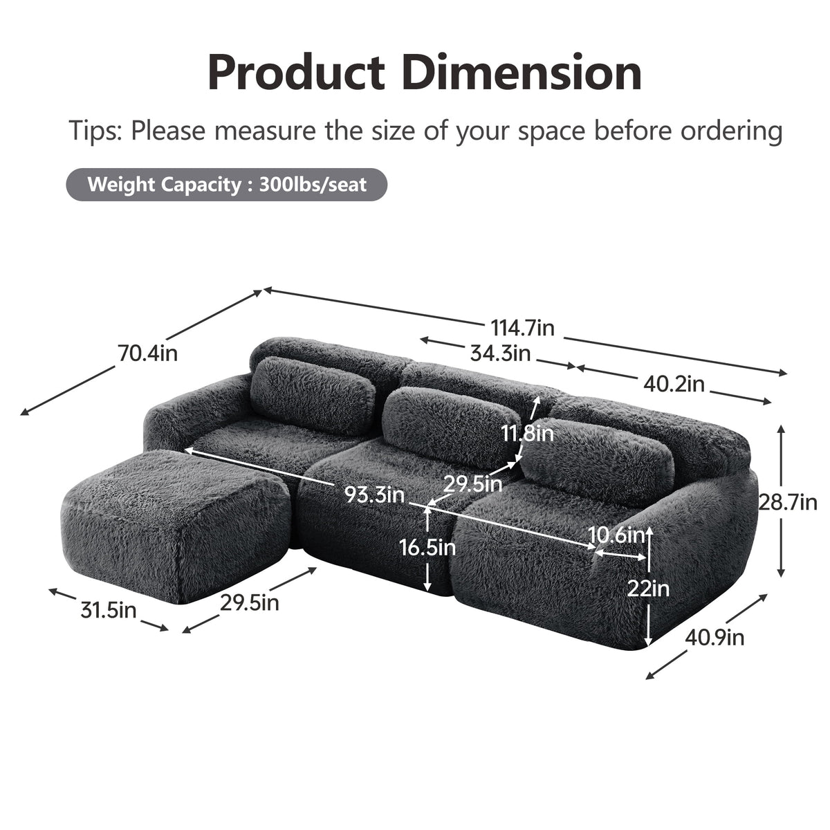 Homefun 114" L-Shaped Plush Sectional Sofa with Movable Ottoman No Assembly 32D Sponge Anti-Slip Bottom,Dark Grey