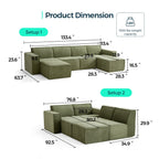  133.4" Modular Cloud Sectional Sofa for Living Room, U-Shaped Sofa Couch with Corduroy Fabric, 4 Seat Oversized Sofa with Movable 2 Ottomans, Green