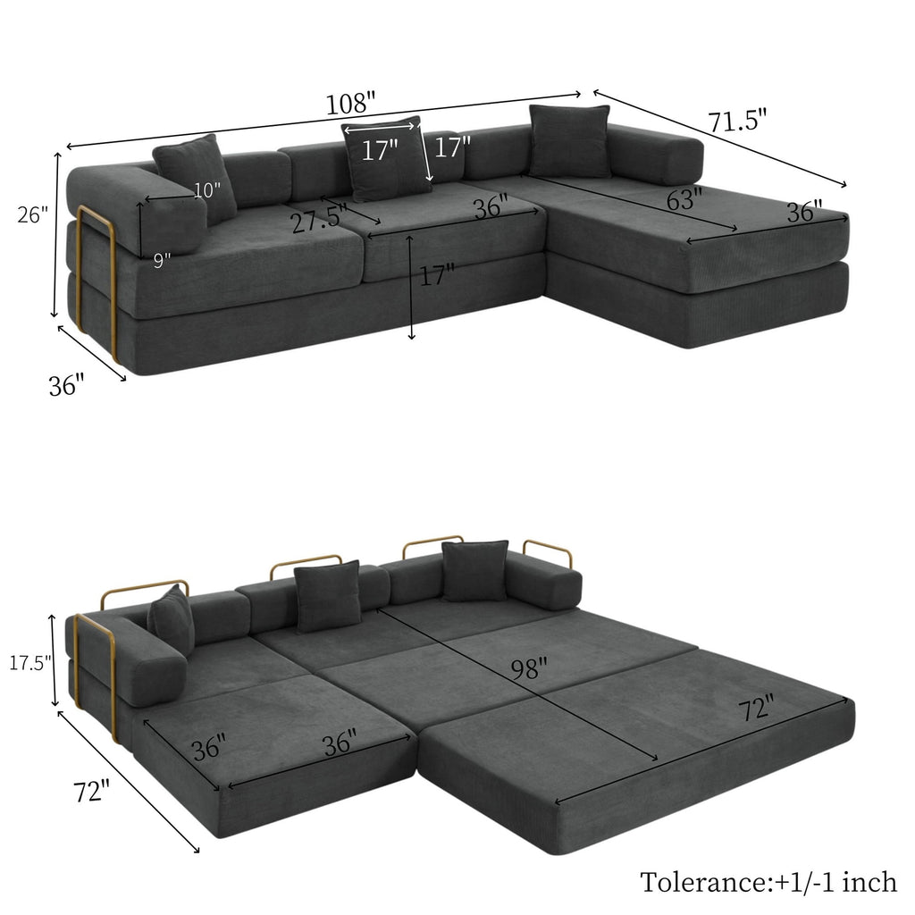  108" Modular Sectional Sofa Bed, Convertible Folding Sofa Bed, Modern Cloud Corduroy Boneless Sofa with Deep Seat, Fold-Out Futon Couch Bed for Living Room, No Assembly Required, Grey