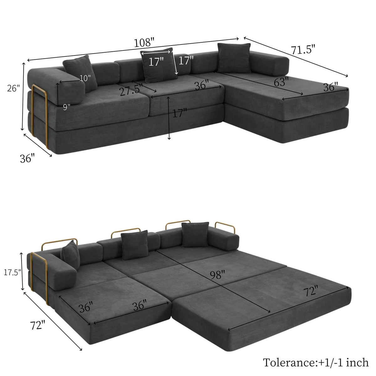  108" Modular Sectional Sofa Bed, Convertible Folding Sofa Bed, Modern Cloud Corduroy Boneless Sofa with Deep Seat, Fold-Out Futon Couch Bed for Living Room, No Assembly Required, Grey