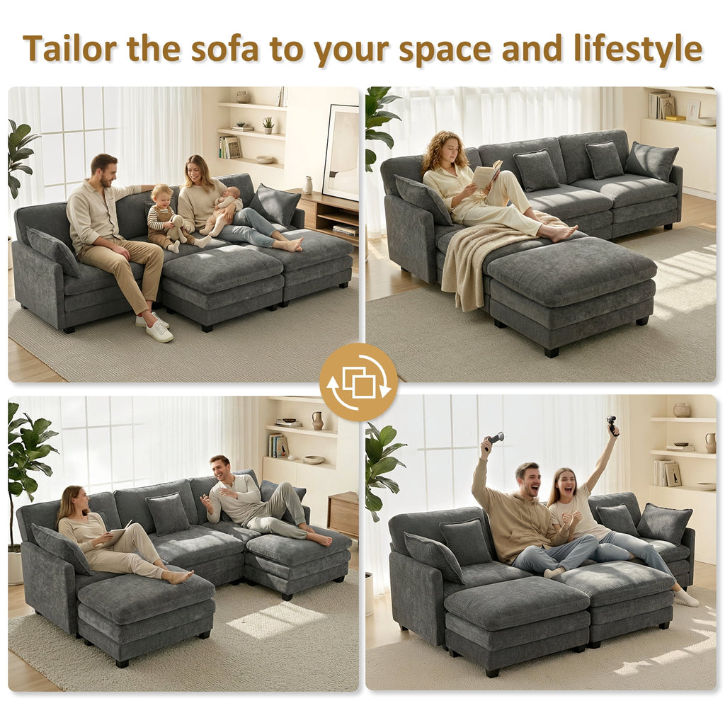 MCombo 111.8'' U-Shaped Modular Sectional Sofa Couch with Chaise Ottomans for Living Room, FSC Certified, Dark Grey