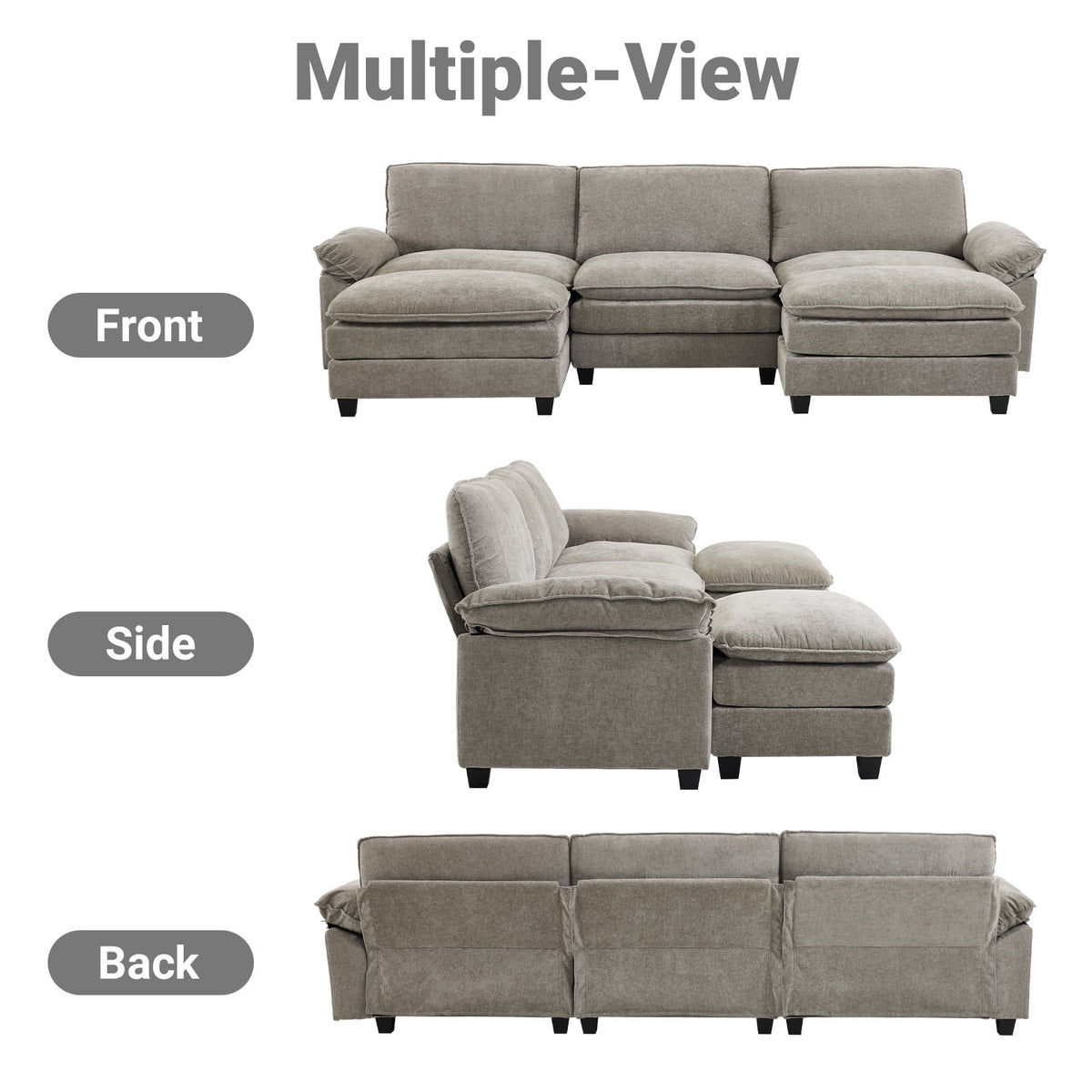  120" W Sectional Sofa U Shaped Couch with Double Chaise Chenille Sleeper Set with 3 Oversized Seats Light Gray