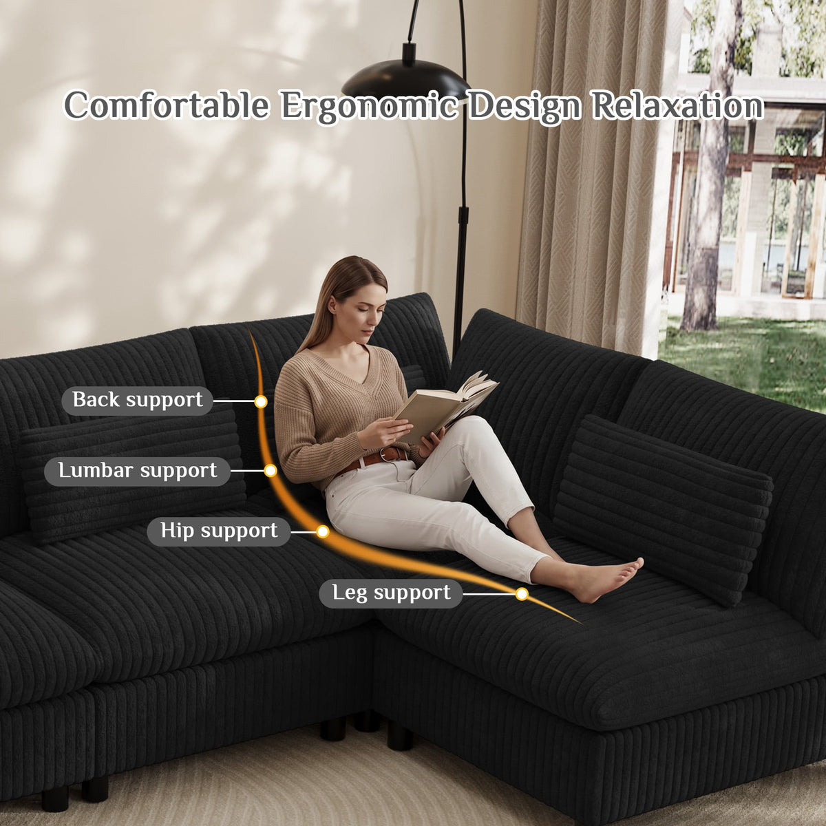 Wiilayok 130" Corduroy U-Shaped Modular Sectional Sofa 6-Seat Cloud Fluffy Couch Set for Living Room with Ottoman, USB Port, Cup Holder, Storage, Black