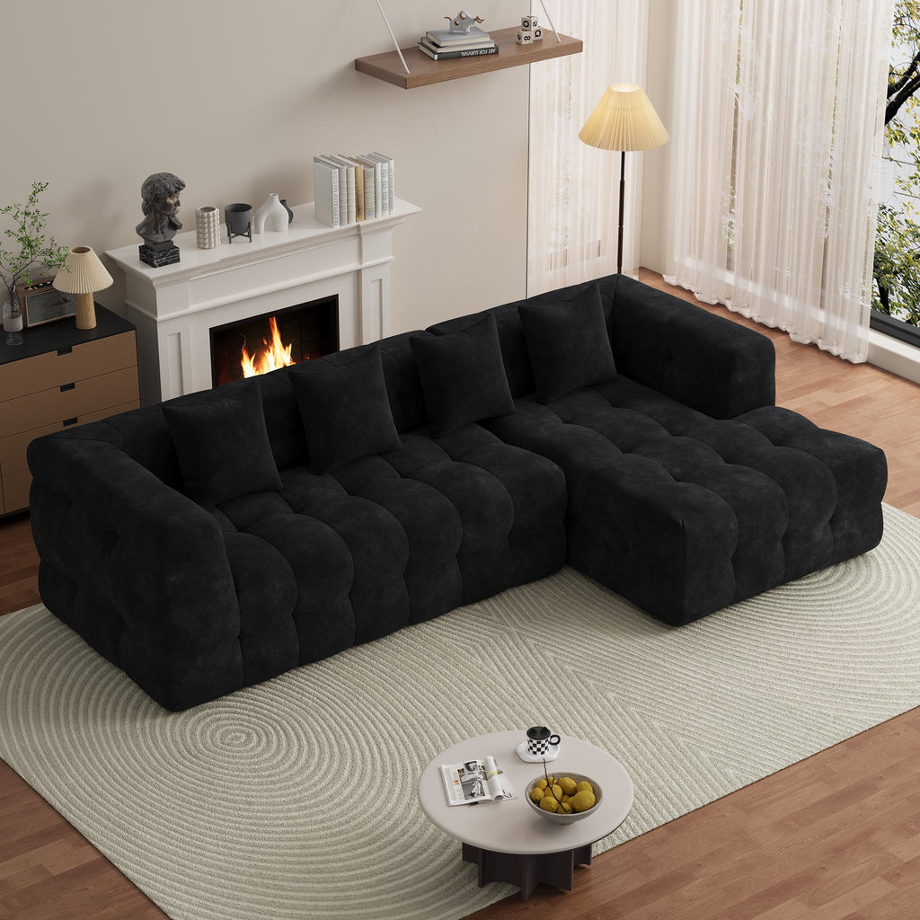 Wiilayok 120" Boneless Oversized Cloud Couch, Right Facing L-Shaped Chenille Sectional Sofa with Chaise Lounge, Deep Seat Upholstered Living Room Sofa with 4 Pillows, No Assembly, Black