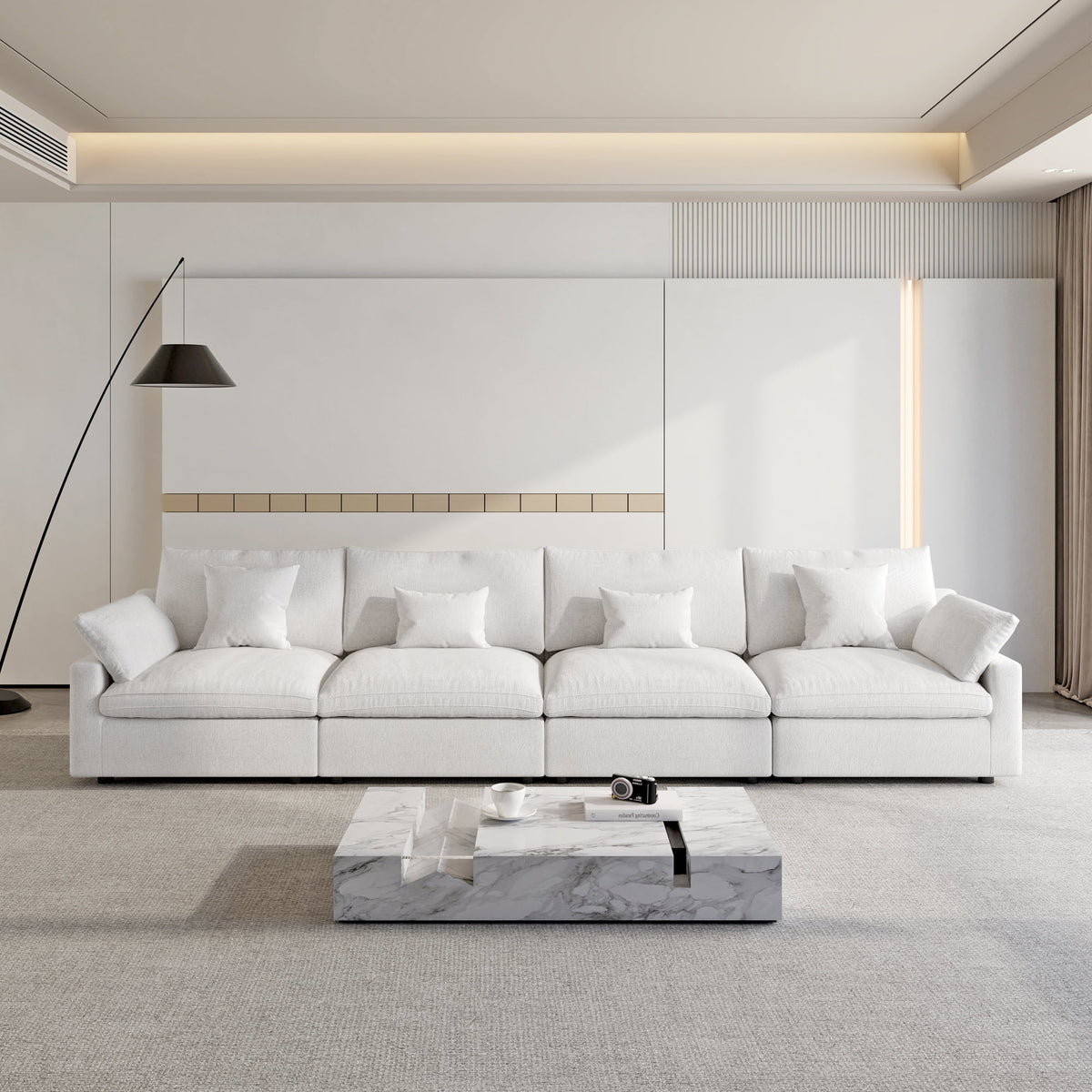 160" Cloud Couch Sectional for Living Room, Down Filled 4 Seater, Convertible Sofa Couch, White