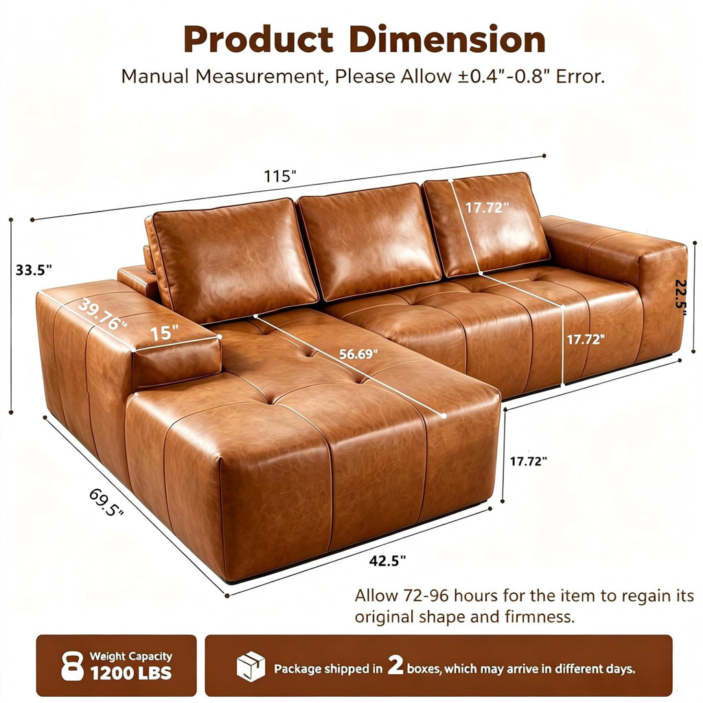  115" Leather Cloud Sectional Sofa Oversized Boneless Couch Modular L-Shaped Sofa for Living Room, Left Chaise, Brown