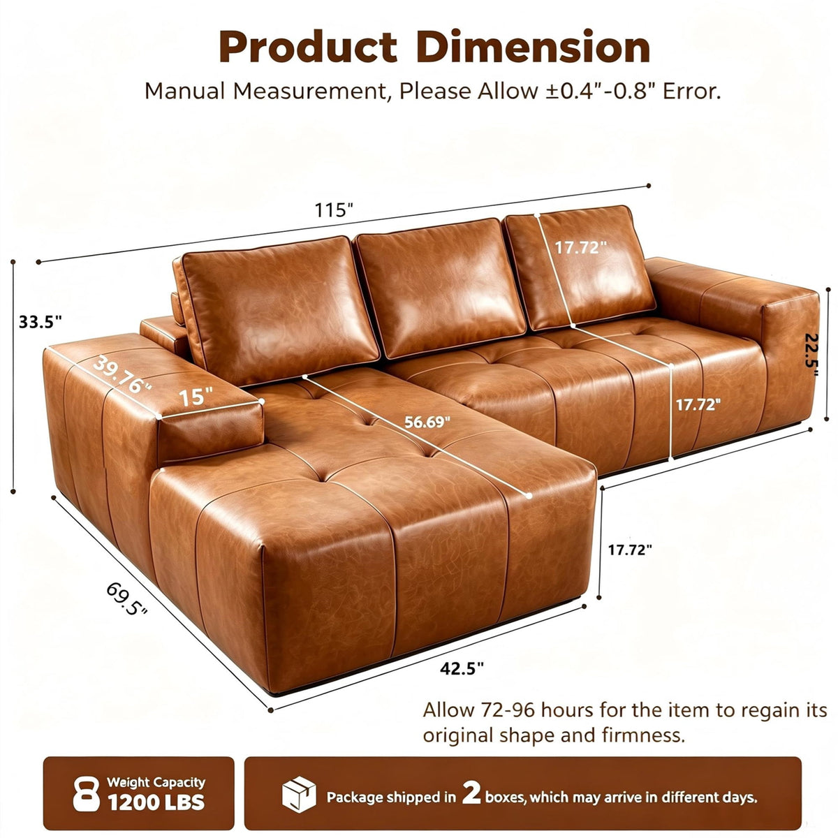  115" Leather Cloud Sectional Sofa Oversized Boneless Couch Modular L-Shaped Sofa for Living Room, Left Chaise, Brown