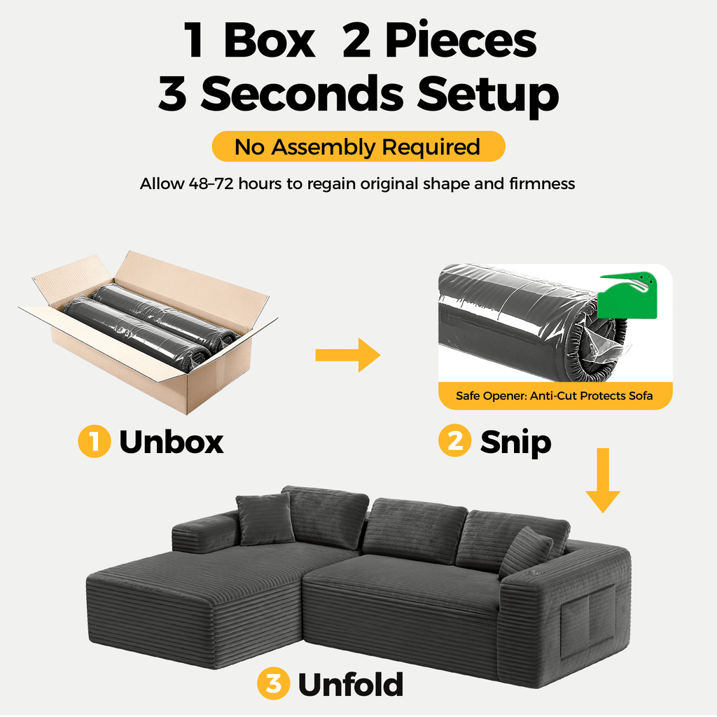 Amsleekey 108" Oversized Modular Sectional Sofa, L-Shape Corduroy Cloud Couch, Modern Sleeper Couches for Living Room with 4 Storage Pockets & Tray, No Assembly Required, Grey (Left Facing Chaise)
