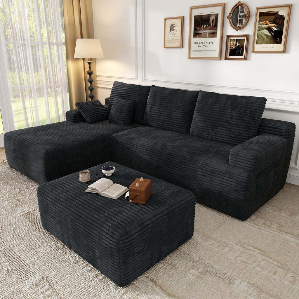 104 Modular L-Shaped Sectional Sofa with Chaise - No Assembly Required Boneless Corduroy Couch, High Resilience Foam, Deep Black