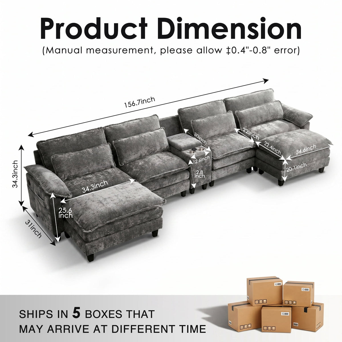 UBERLYFE 157" U Shaped Cloud Modular Sectional Sofa, Double Chaise with USB Charging, Hidden Storage & Cup Holders, Living Room Furniture, Gray