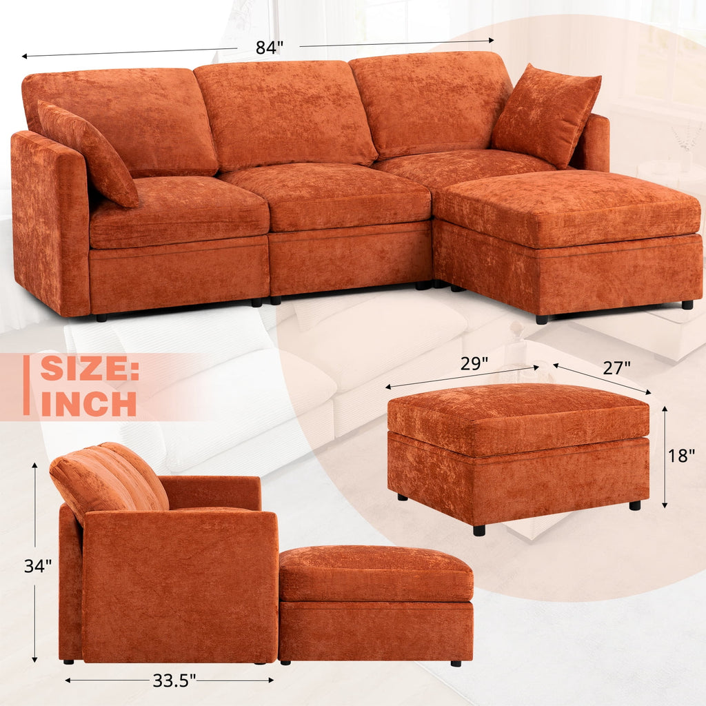 ACMEASE 84? Chenille 3 Seats Sofa W/Movable Ottoman, Modern Fabric L-Shaped Couch with Soft Backrest, Upholstered Sectional Sofa with Armrest Pillows for Living Room, Office,Orange
