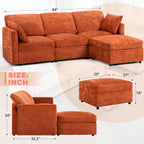 ACMEASE 84? Chenille 3 Seats Sofa W/Movable Ottoman, Modern Fabric L-Shaped Couch with Soft Backrest, Upholstered Sectional Sofa with Armrest Pillows for Living Room, Office,Orange
