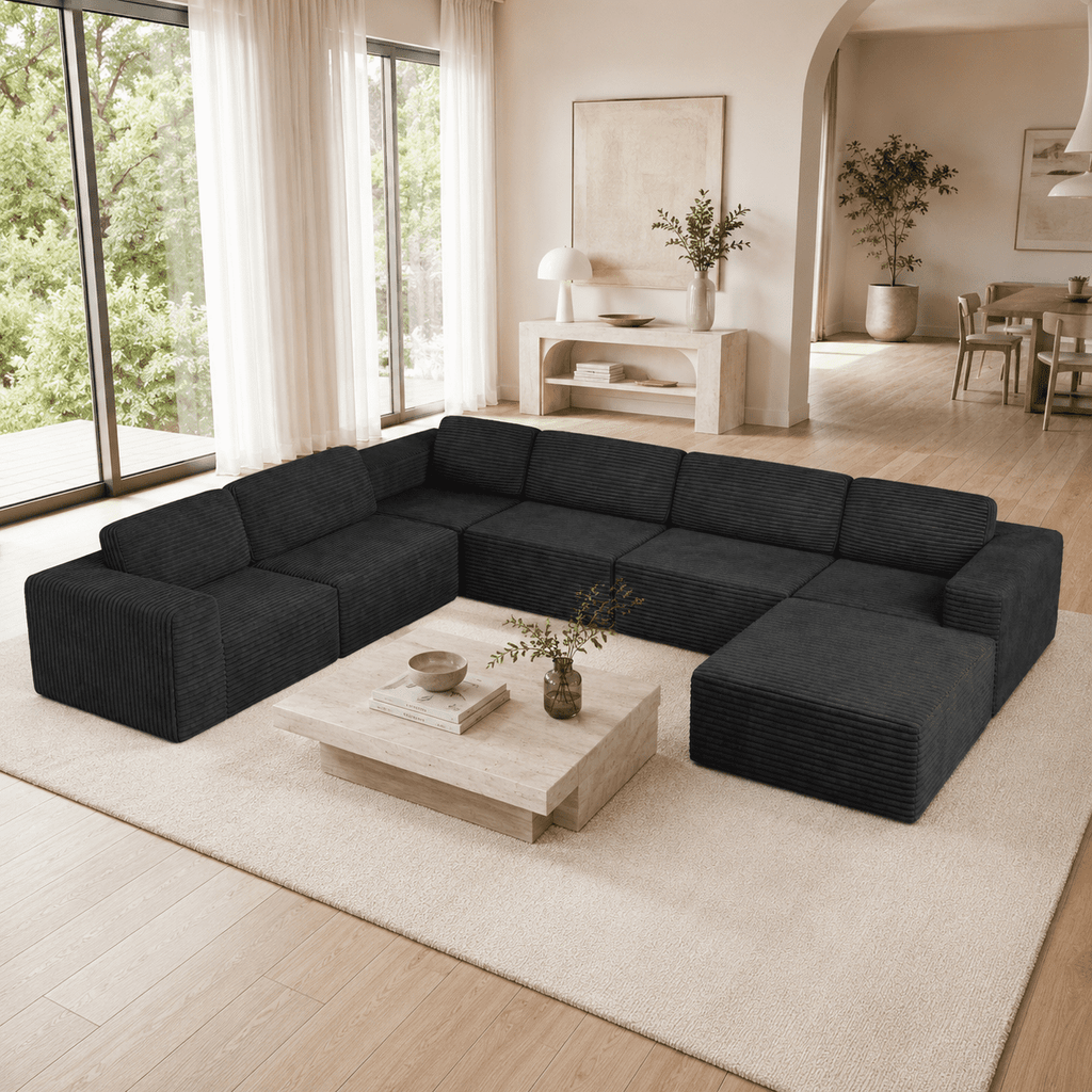 160" Oversized Boneless Sectional Couch Bed for living room, 7 Seats, Corduroy Modular U Shaped Sofa, Big Comfy Home Apartment Furniture, No Assembly Needed, Black