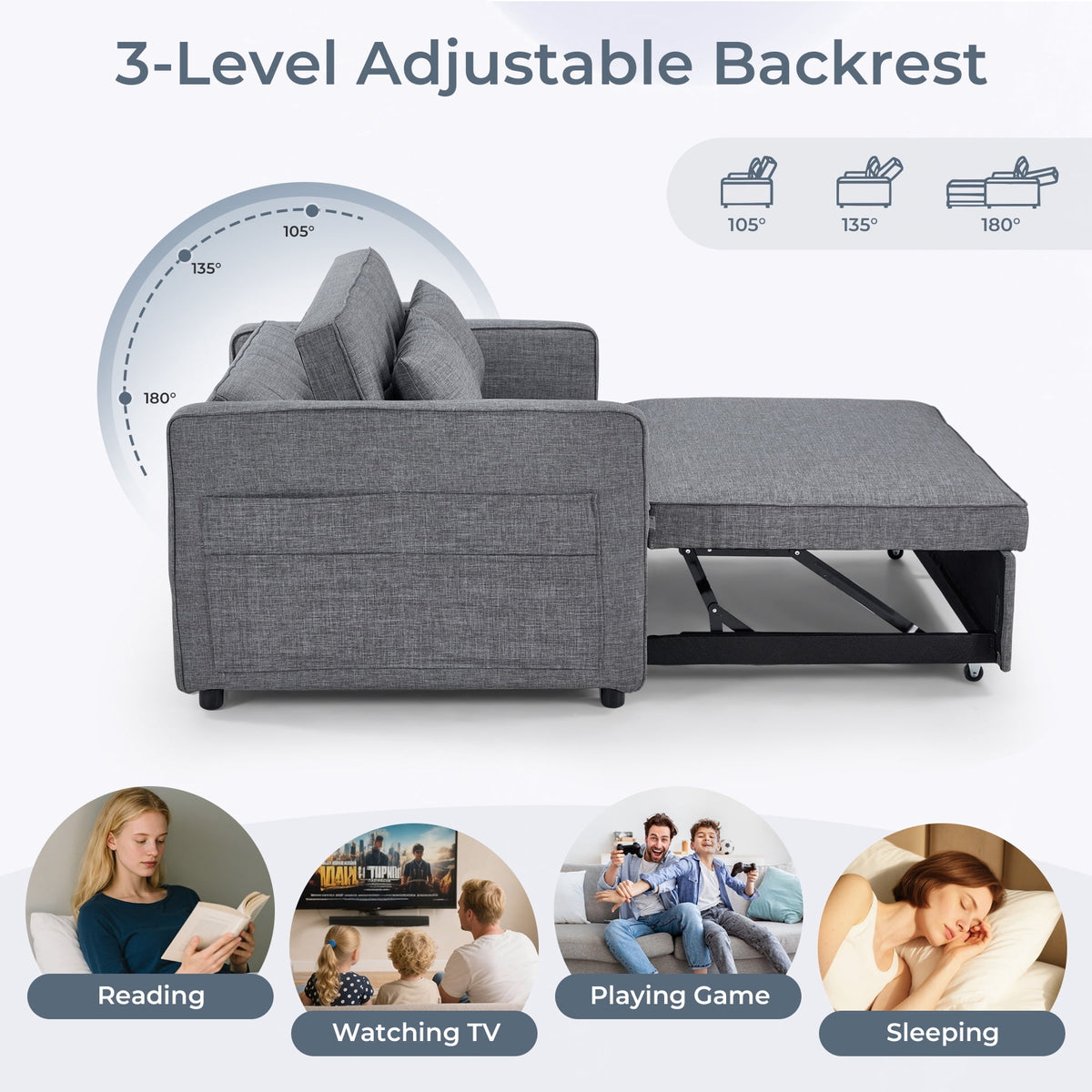  2-Pack 3 in 1 Convertible Sleeper Sofa Bed, 2-Seater Futon Couch with Storage Pockets, Adjustable Backrest for Guest Room, Airbnb, Gray