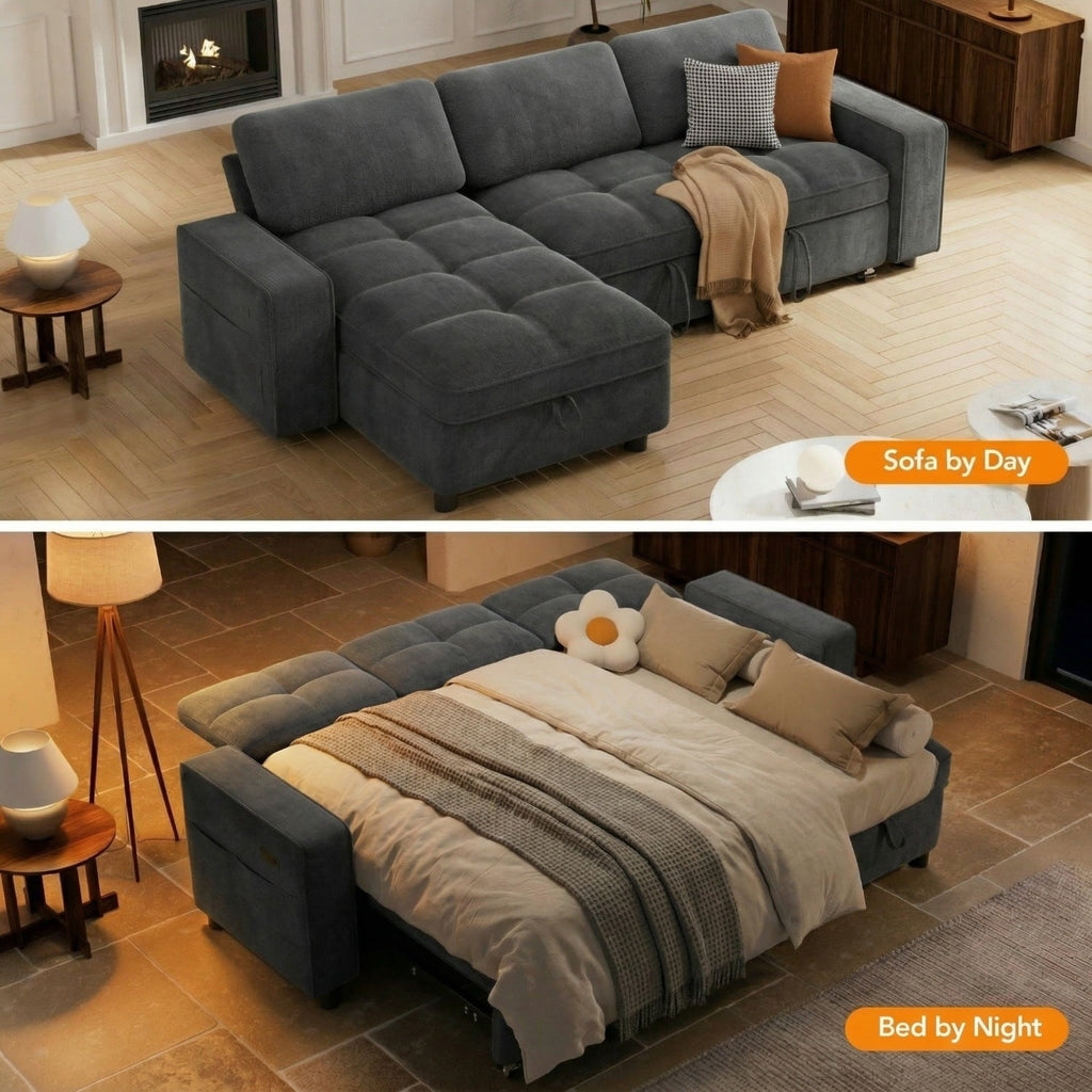 81" Sectional Sleeper Sofa Bed with Pull Out Couch, L-Shaped Chenille Fabric Sofa with USB Ports and Storage Chaise, Charcoal Gray